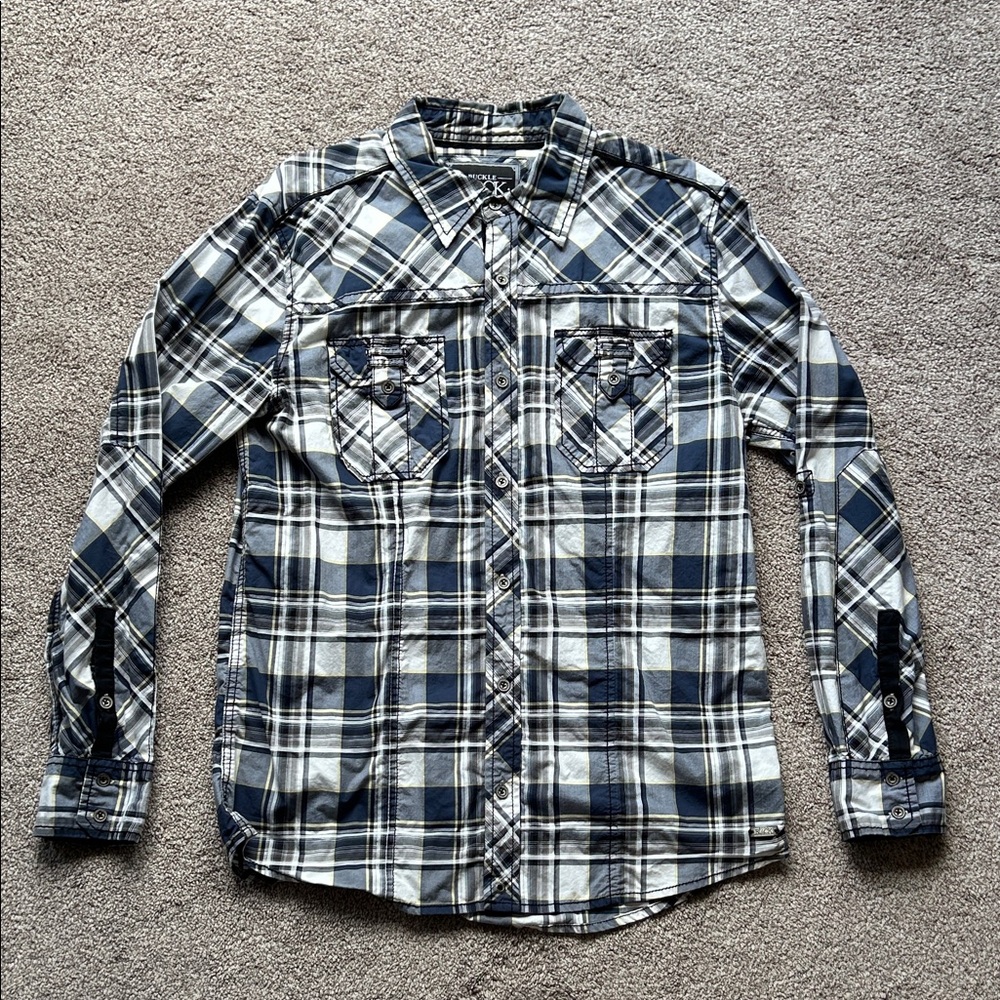 Buckle Navy and White Plaid Button-Down Shirt